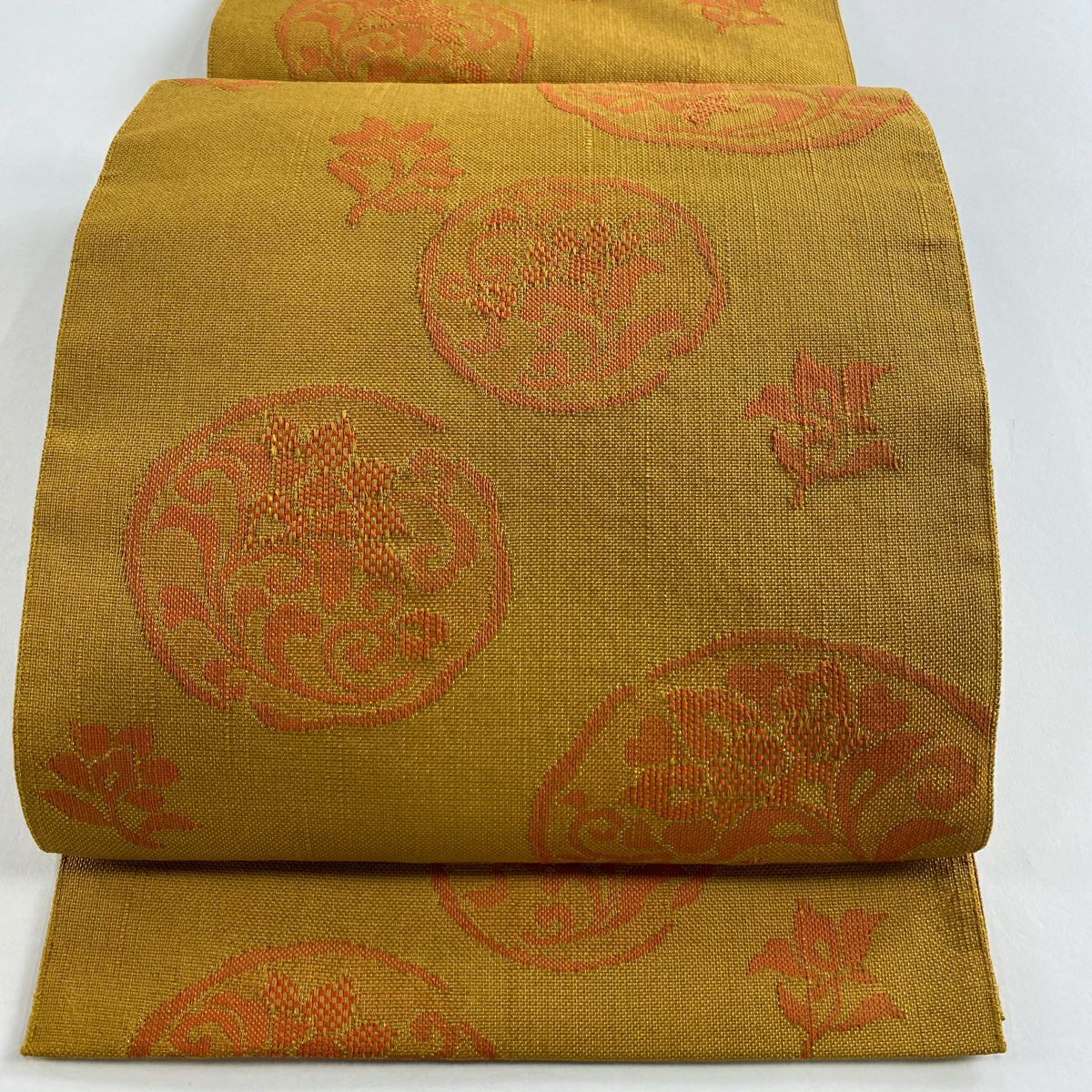 【美品】名古屋帶 優品級 八寸名古屋帶 圓文 草花紋 紅色 化纖
