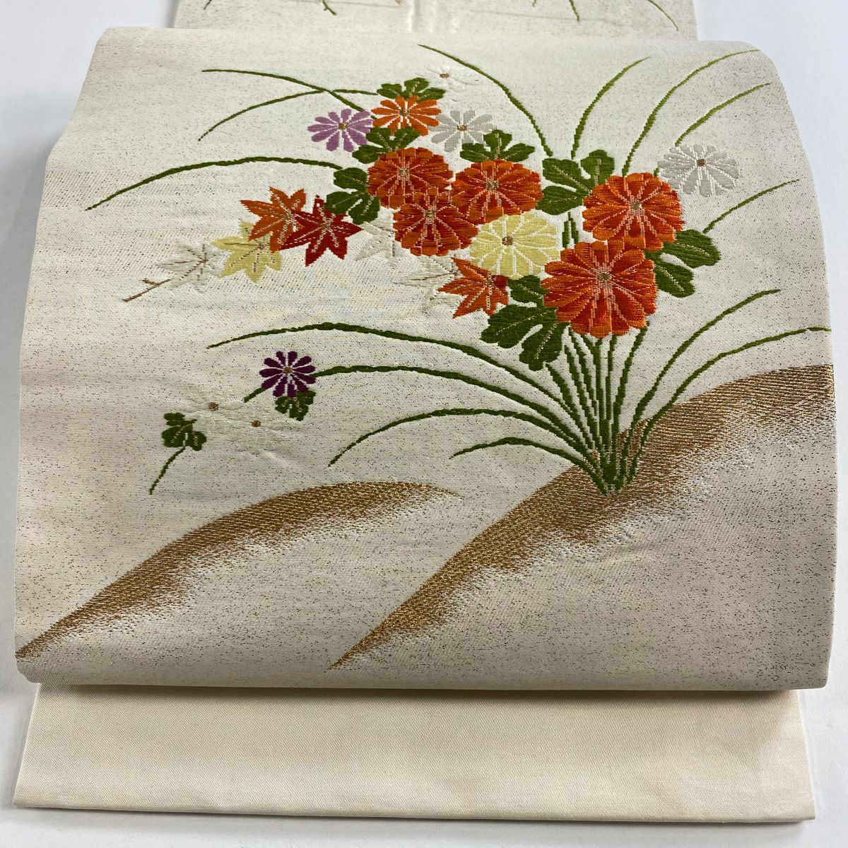 開口名古屋帶 優品級 菊花 楓 金絲 金銀彩 米色 純蠶絲