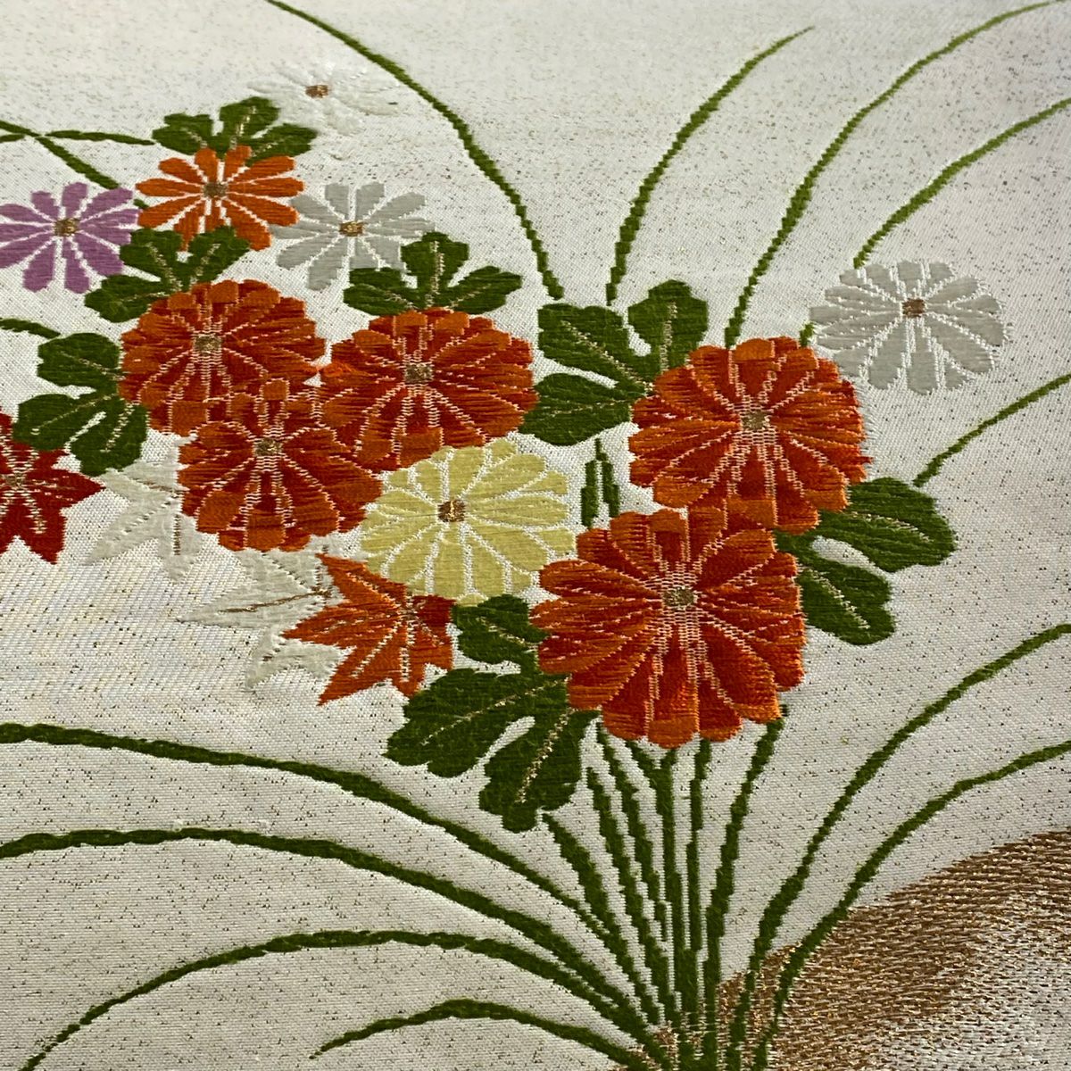 開口名古屋帶 優品級 菊花 楓 金絲 金銀彩 米色 純蠶絲
