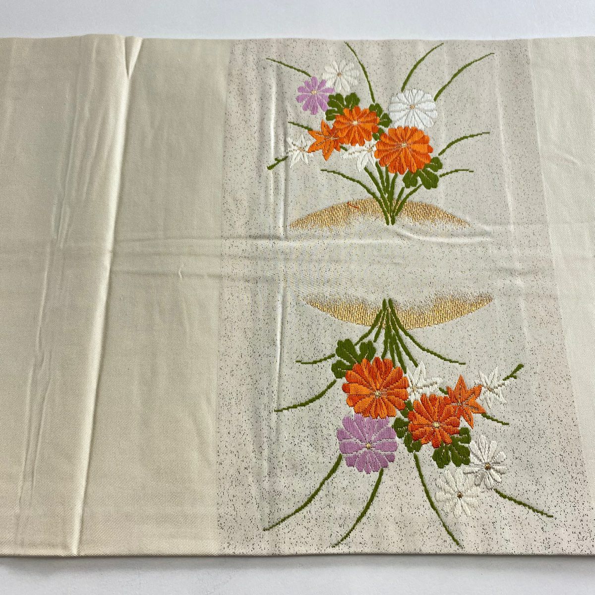 開口名古屋帶 優品級 菊花 楓 金絲 金銀彩 米色 純蠶絲
