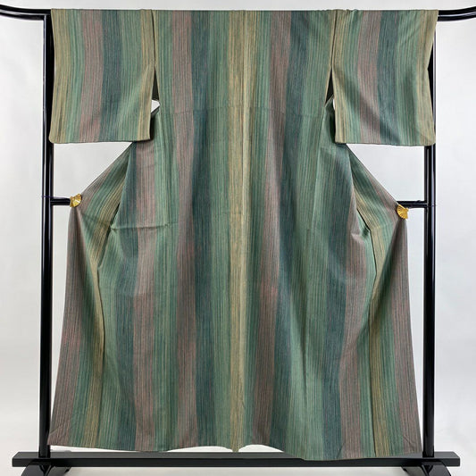 【美品】 小紋 身長154.5cm 袖長65.5cm M 雙層 縱條 幾何圖案 綠 純蠶絲 秀品級