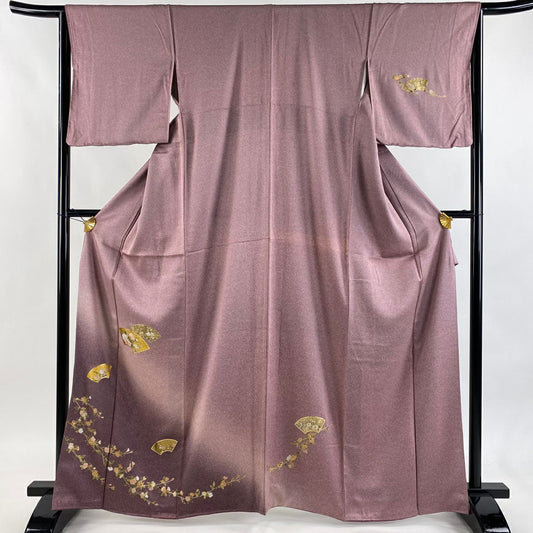付下 身長164.5cm 袖長64.5cm M 雙層 扇子面 草花紋紋 金銀彩 漸層 淺紫 純蠶絲 優品級