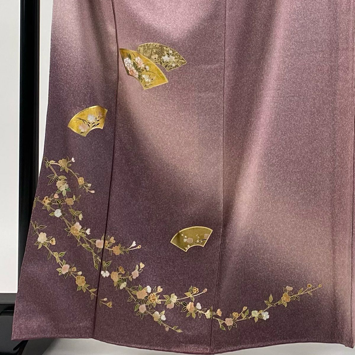 付下 身長164.5cm 袖長64.5cm M 雙層 扇子面 草花紋紋 金銀彩 漸層 淺紫 純蠶絲 優品級