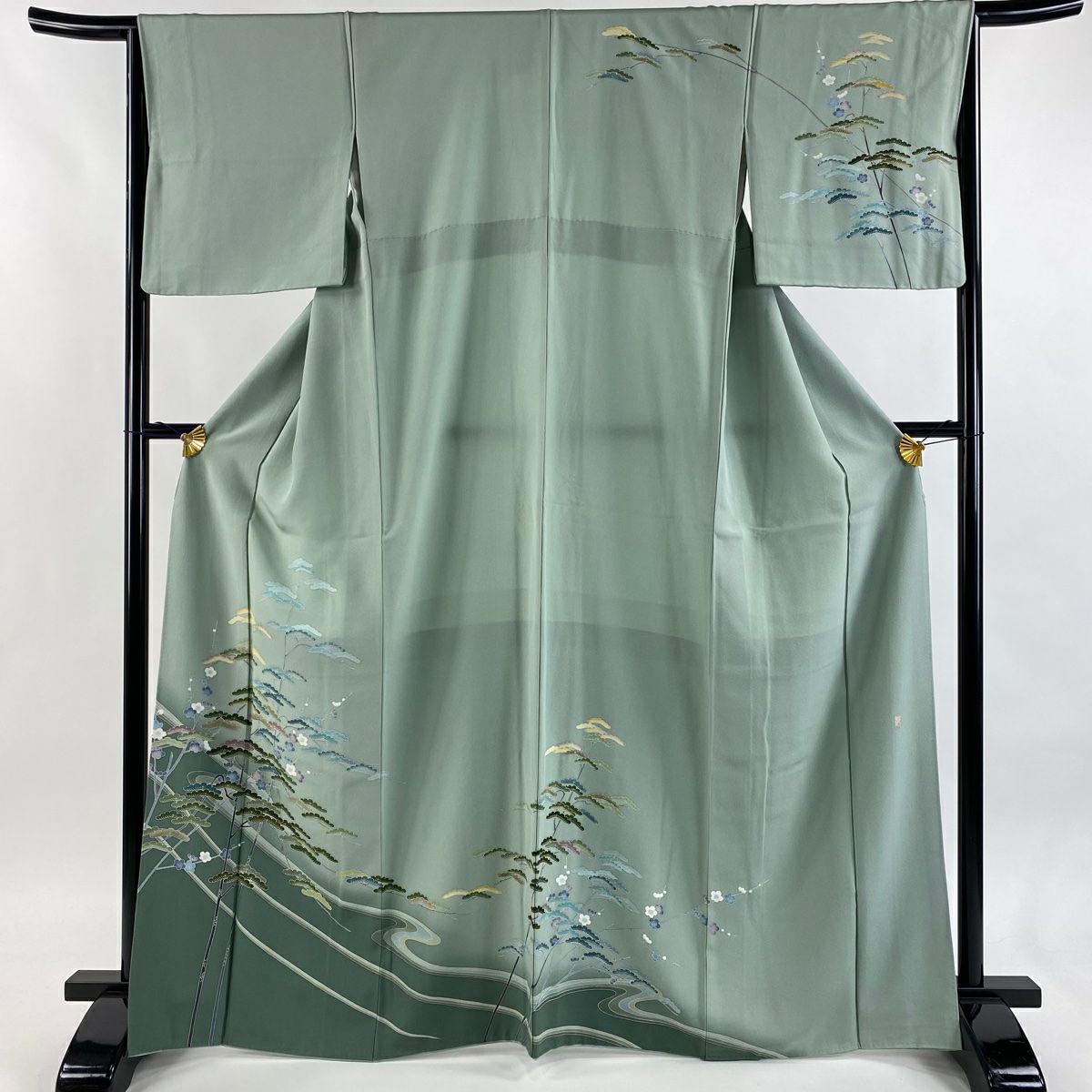 訪問服 身長165.5cm 袖長65cm M 雙層 落款あり 松樹 梅花 染分 薄綠 純蠶絲 秀品級