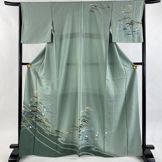 訪問服 身長165.5cm 袖長65cm M 雙層 落款あり 松樹 梅花 染分 薄綠 純蠶絲 秀品級