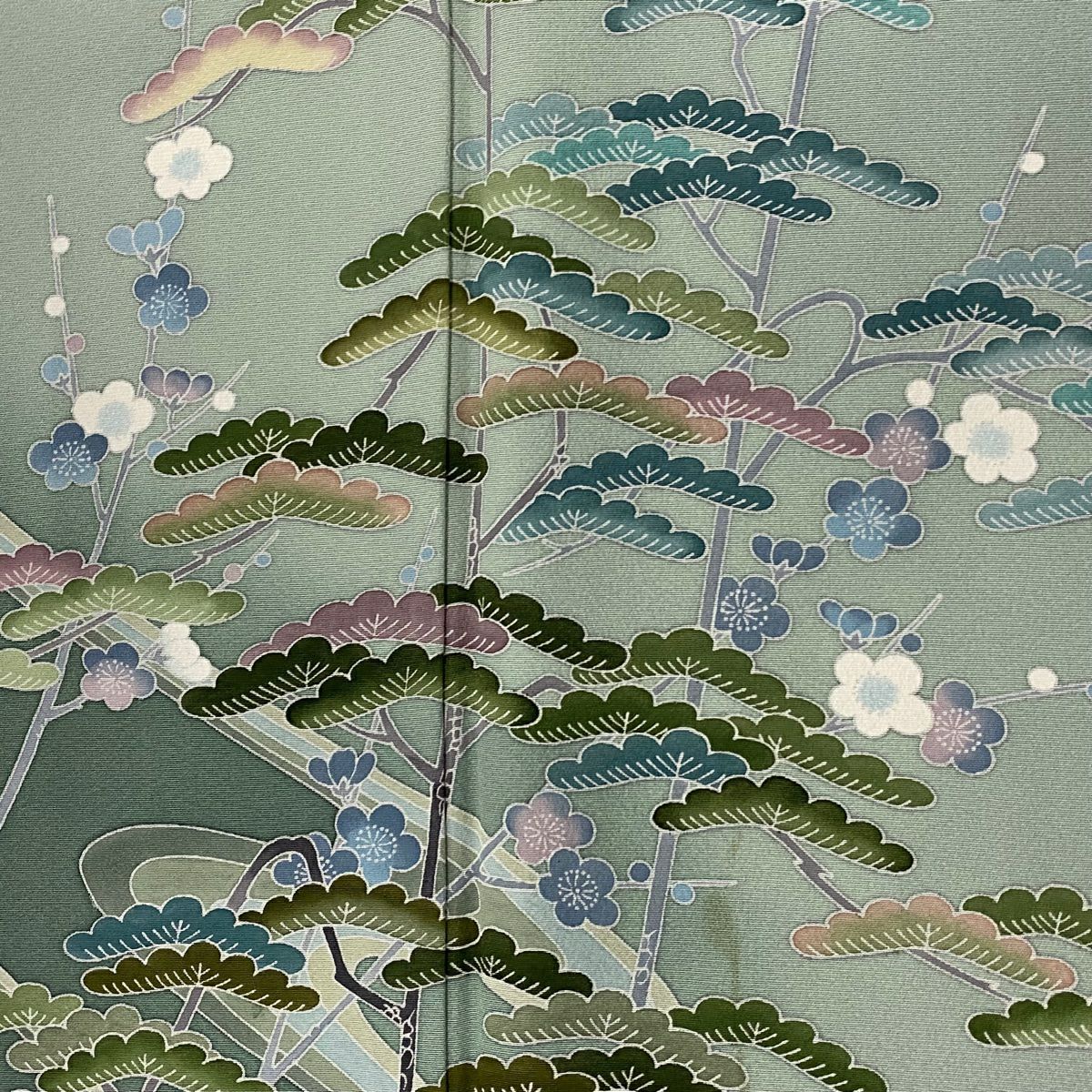 訪問服 身長165.5cm 袖長65cm M 雙層 落款あり 松樹 梅花 染分 薄綠 純蠶絲 秀品級