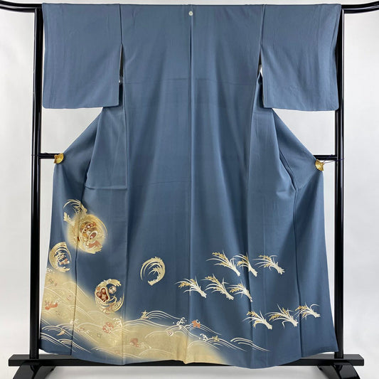 色留袖禮服 身長158cm 袖長64.5cm M 雙層 寶盡くし 稻穗 金絲 金銀彩 青灰 純蠶絲 秀品級 一つ紋