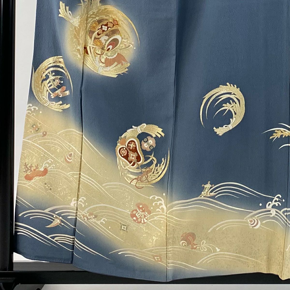 色留袖禮服 身長158cm 袖長64.5cm M 雙層 寶盡くし 稻穗 金絲 金銀彩 青灰 純蠶絲 秀品級 一つ紋