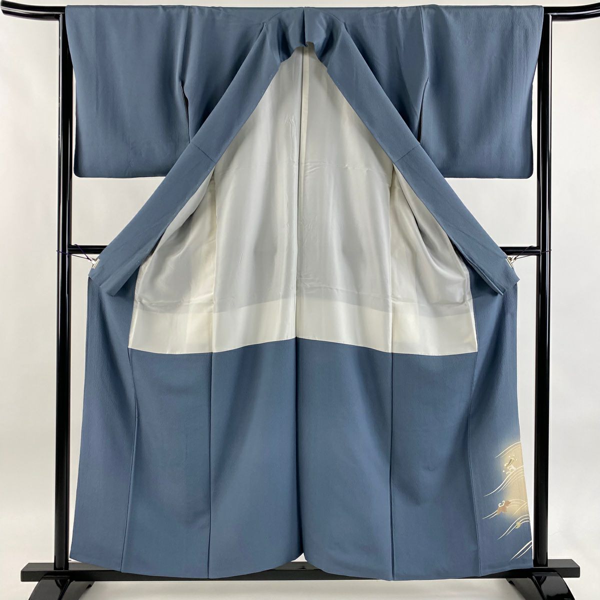 色留袖禮服 身長158cm 袖長64.5cm M 雙層 寶盡くし 稻穗 金絲 金銀彩 青灰 純蠶絲 秀品級 一つ紋