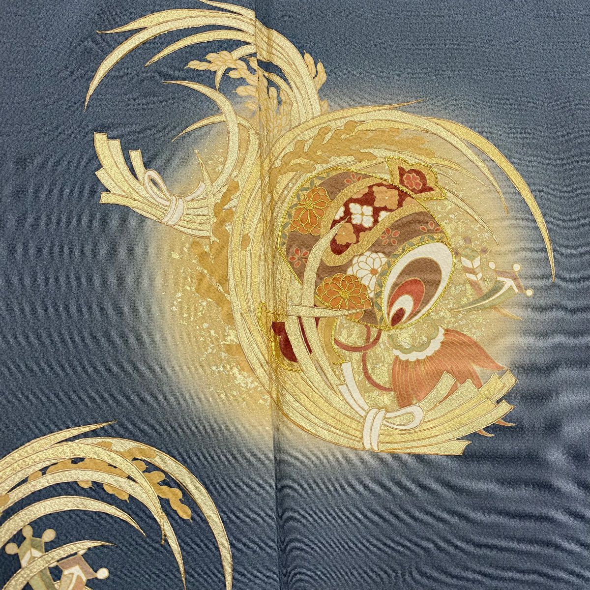色留袖禮服 身長158cm 袖長64.5cm M 雙層 寶盡くし 稻穗 金絲 金銀彩 青灰 純蠶絲 秀品級 一つ紋