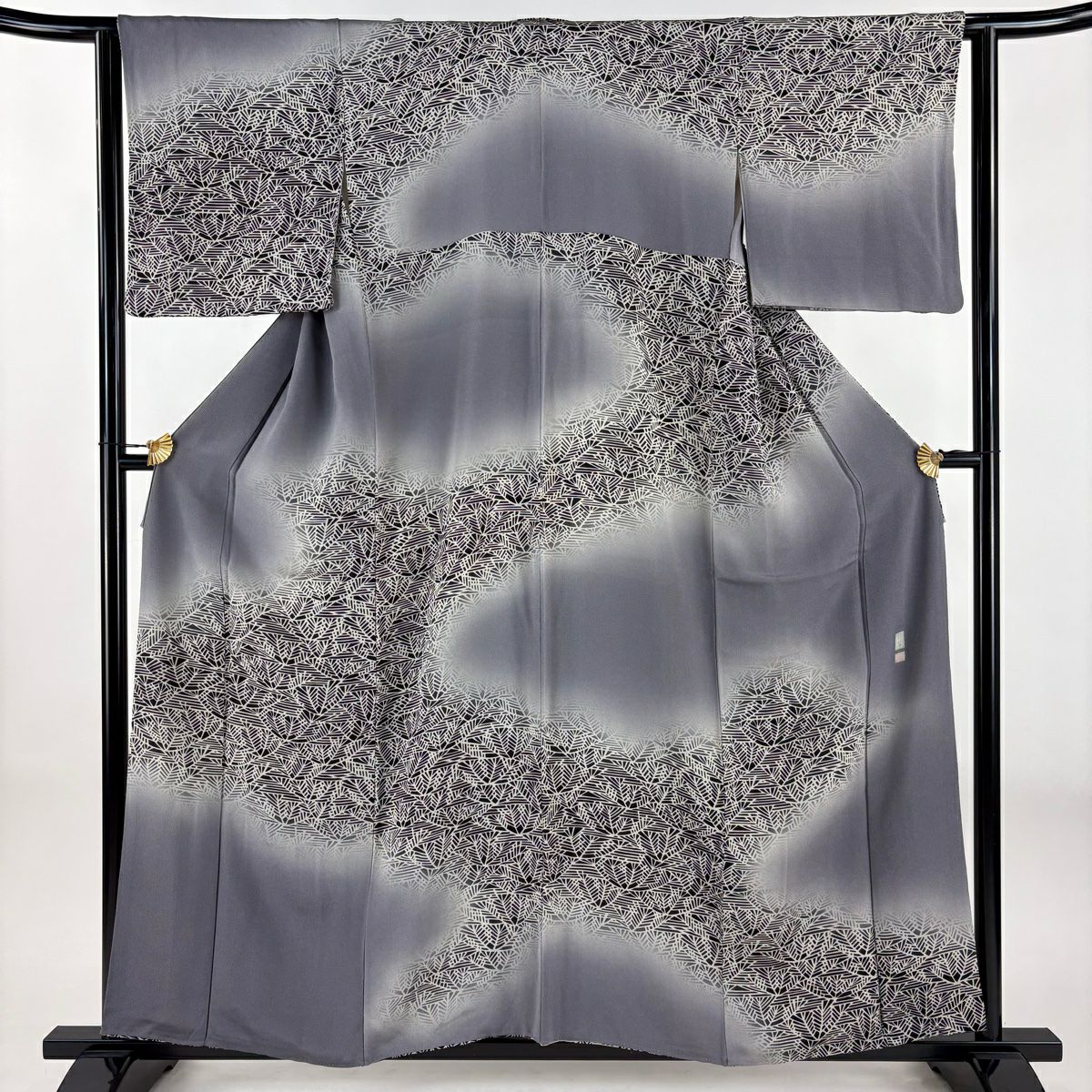 訪問服 身長158cm 袖長63cm S 雙層 落款 松樹 ぼかし 縮緬 灰紫 純蠶絲 秀品級