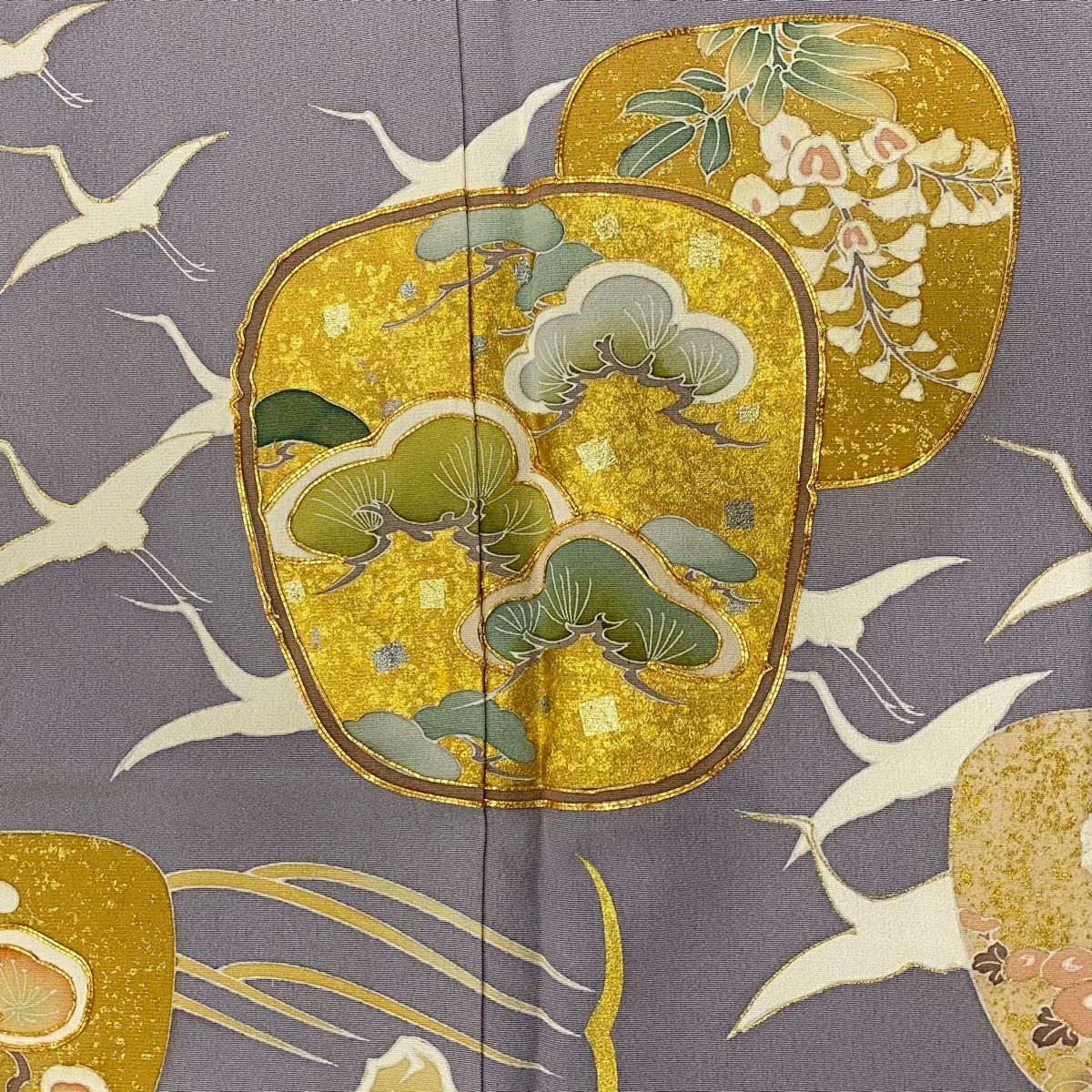 色留袖禮服 身長160.5cm 袖長64cm M 雙層 落款有 松樹竹子梅花 仙鶴 金絲 金銀彩 灰紫 純蠶絲 秀品級 一個紋