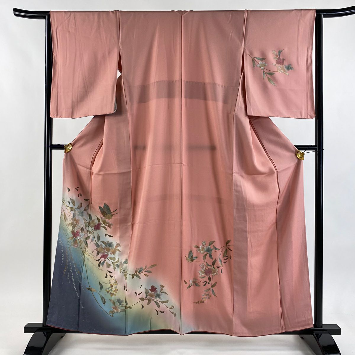 付下 身長160cm 袖長63cm S 雙層 枝花 蝶 金銀彩 漸層 粉紅 純蠶絲 優品級