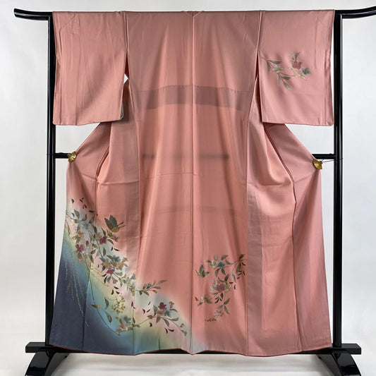 付下 身長160cm 袖長63cm S 雙層 枝花 蝶 金銀彩 漸層 粉紅 純蠶絲 優品級