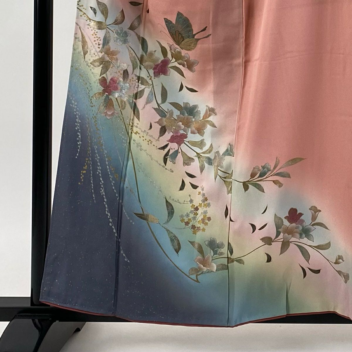 付下 身長160cm 袖長63cm S 雙層 枝花 蝶 金銀彩 漸層 粉紅 純蠶絲 優品級
