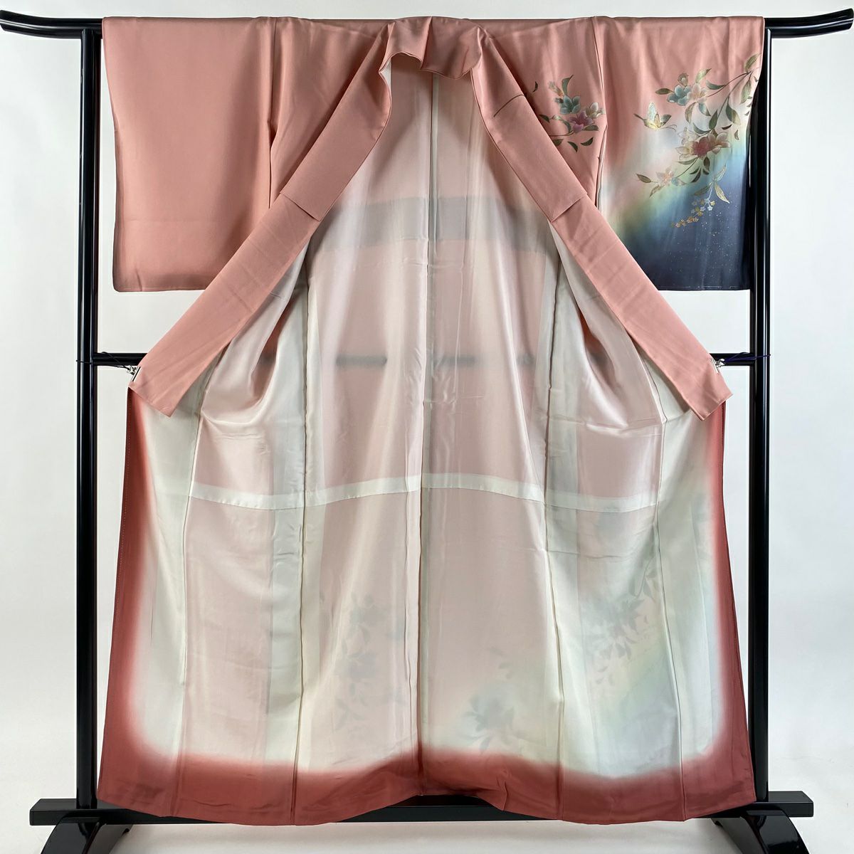 付下 身長160cm 袖長63cm S 雙層 枝花 蝶 金銀彩 漸層 粉紅 純蠶絲 優品級