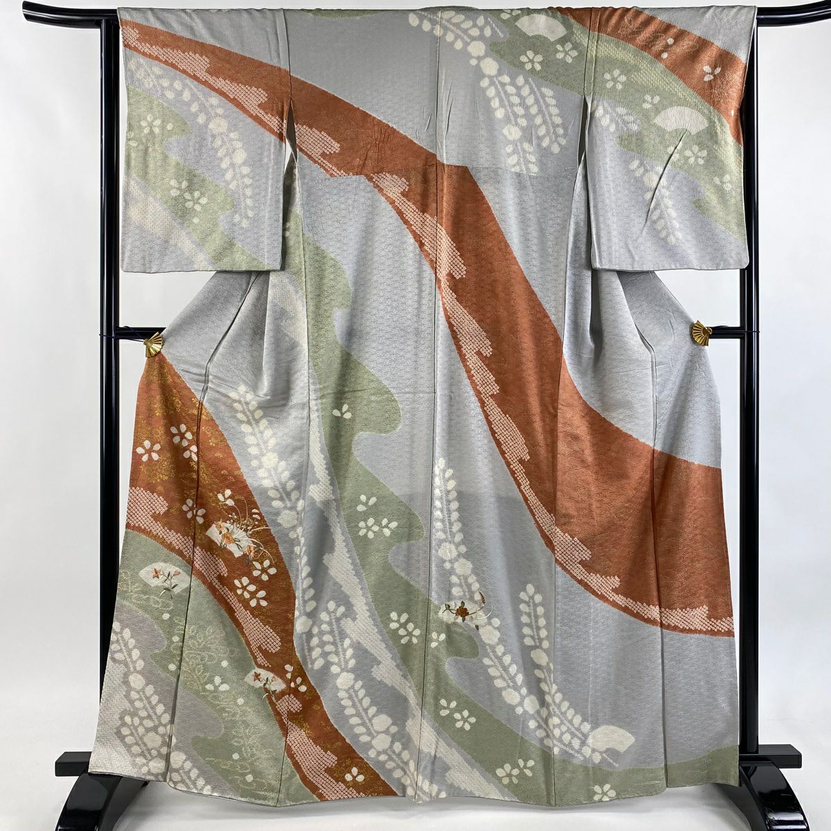 訪問服 身長165cm 袖長64cm M 雙層 扇子面 草花紋紋 刺繡 絞染 青灰 純蠶絲 秀品級