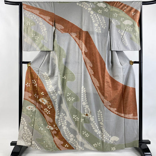 訪問服 身長165cm 袖長64cm M 雙層 扇子面 草花紋紋 刺繡 絞染 青灰 純蠶絲 秀品級