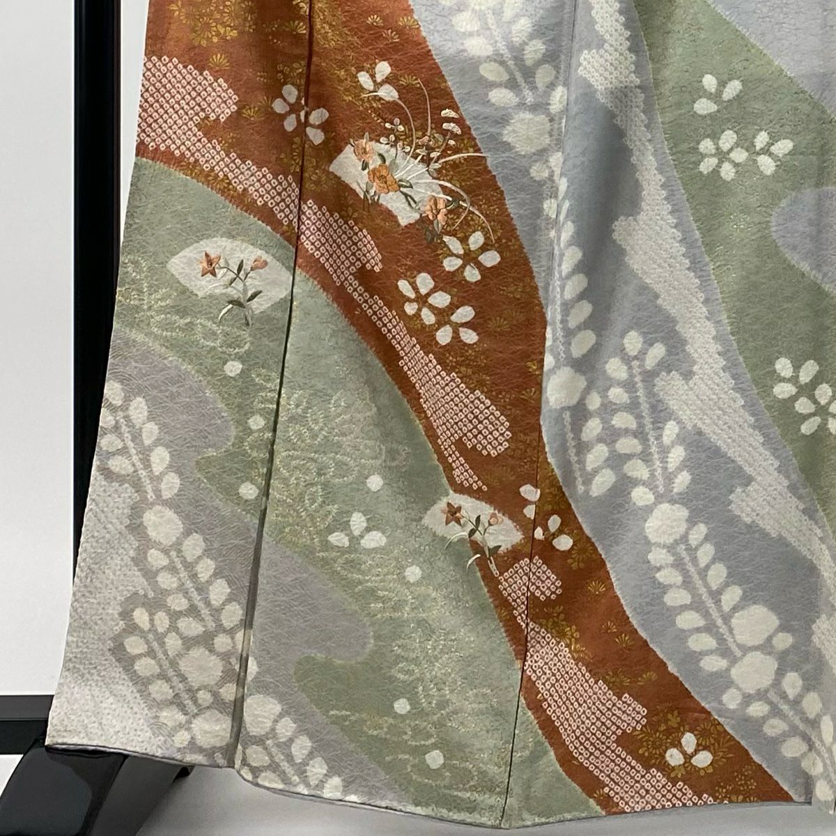 訪問服 身長165cm 袖長64cm M 雙層 扇子面 草花紋紋 刺繡 絞染 青灰 純蠶絲 秀品級