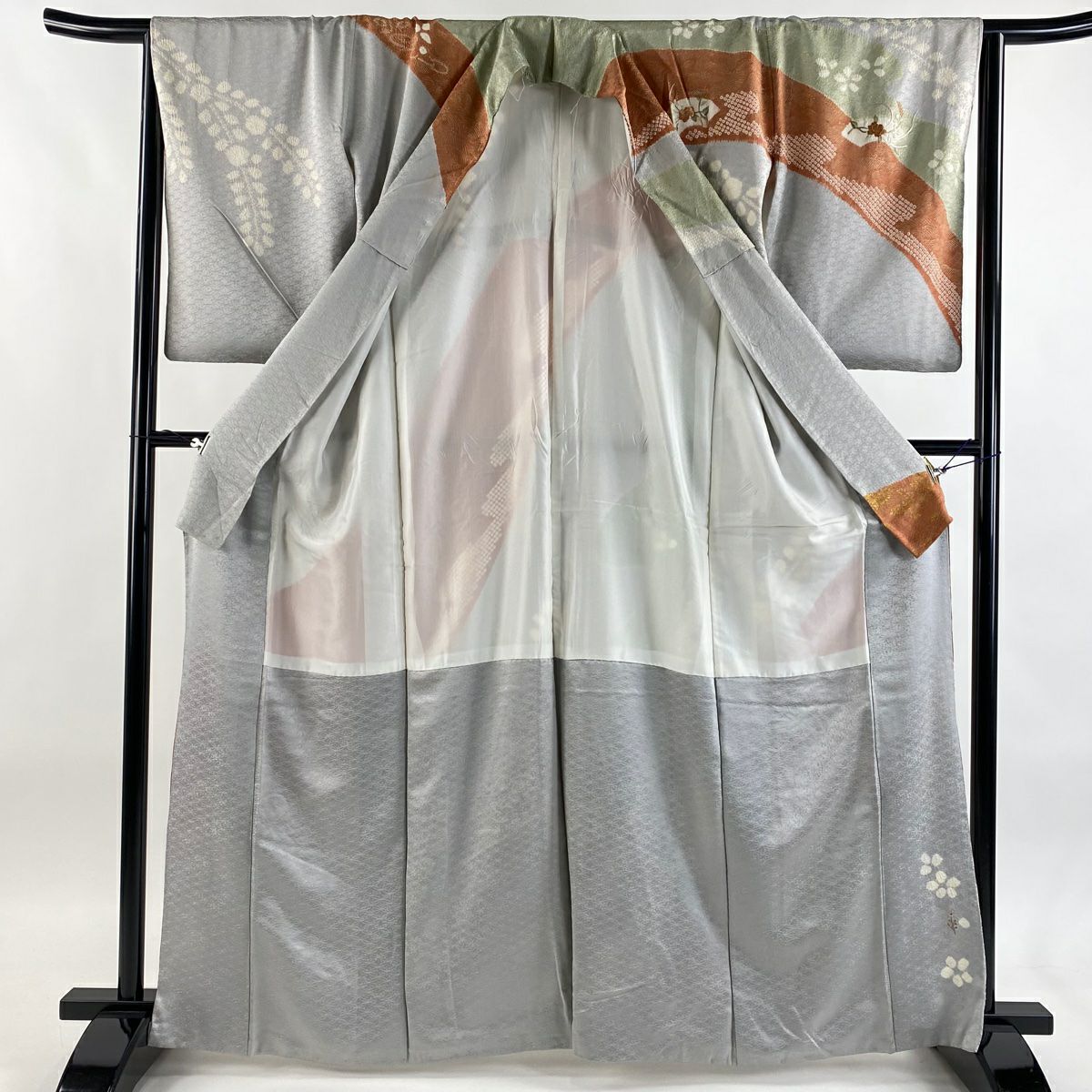 訪問服 身長165cm 袖長64cm M 雙層 扇子面 草花紋紋 刺繡 絞染 青灰 純蠶絲 秀品級