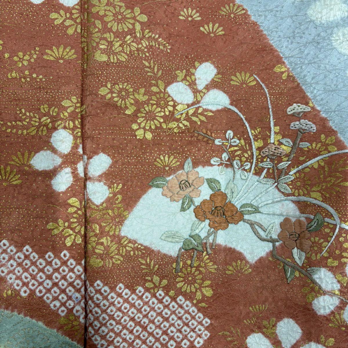 訪問服 身長165cm 袖長64cm M 雙層 扇子面 草花紋紋 刺繡 絞染 青灰 純蠶絲 秀品級