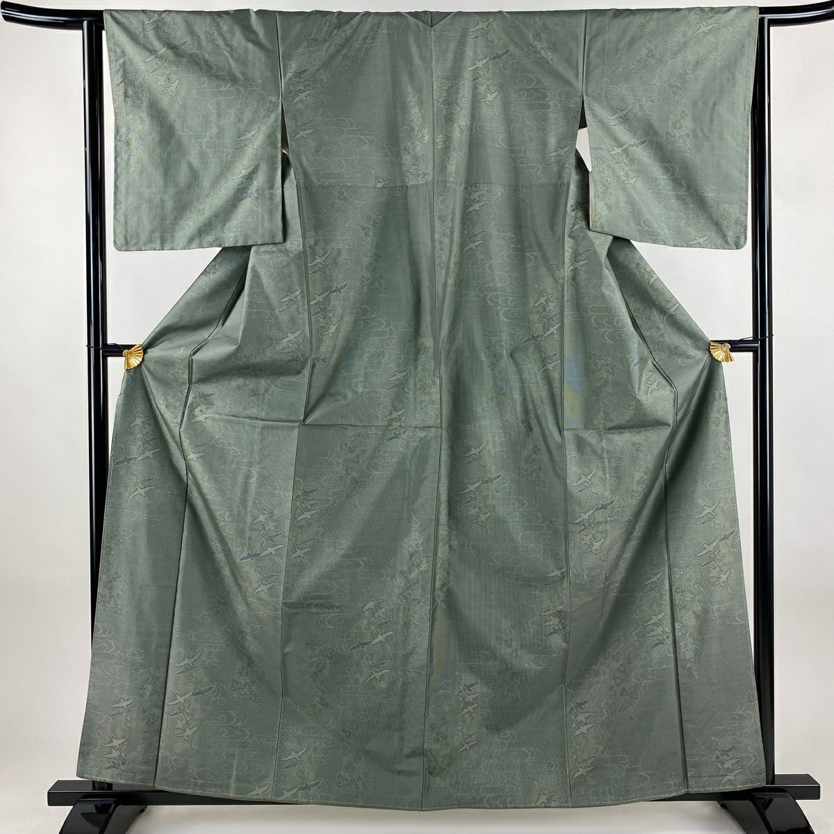【美品】 紬織 身長161.5cm 袖長64cm M 雙層 大和 鳥 観世水 灰綠 純蠶絲 秀品級