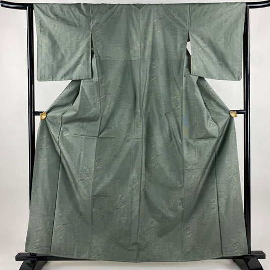 【美品】 紬織 身長161.5cm 袖長64cm M 雙層 大和 鳥 観世水 灰綠 純蠶絲 秀品級