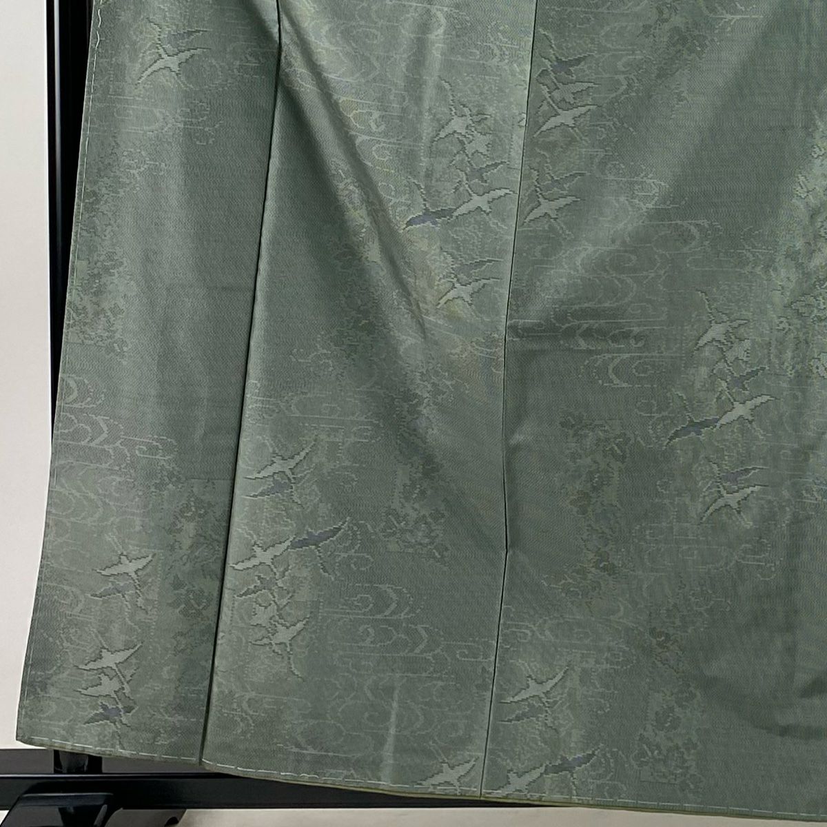 【美品】 紬織 身長161.5cm 袖長64cm M 雙層 大和 鳥 観世水 灰綠 純蠶絲 秀品級