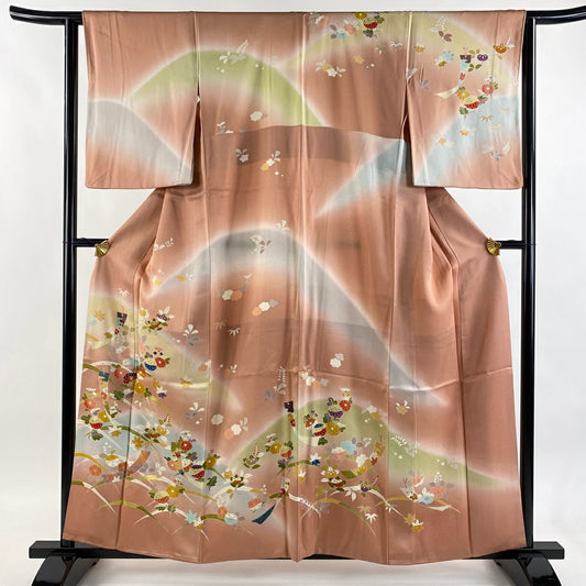 訪問服 身長160cm 袖長63cm S 雙層 短冊 草花紋紋 金絲 金銀彩 粉紅 純蠶絲 秀品級