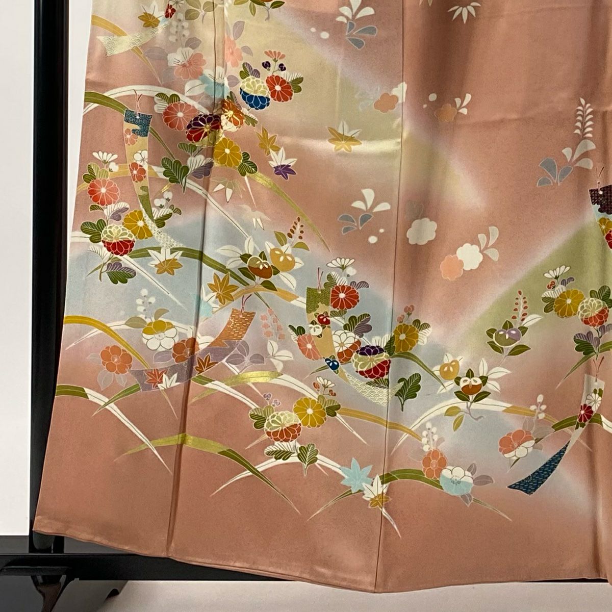 訪問服 身長160cm 袖長63cm S 雙層 短冊 草花紋紋 金絲 金銀彩 粉紅 純蠶絲 秀品級