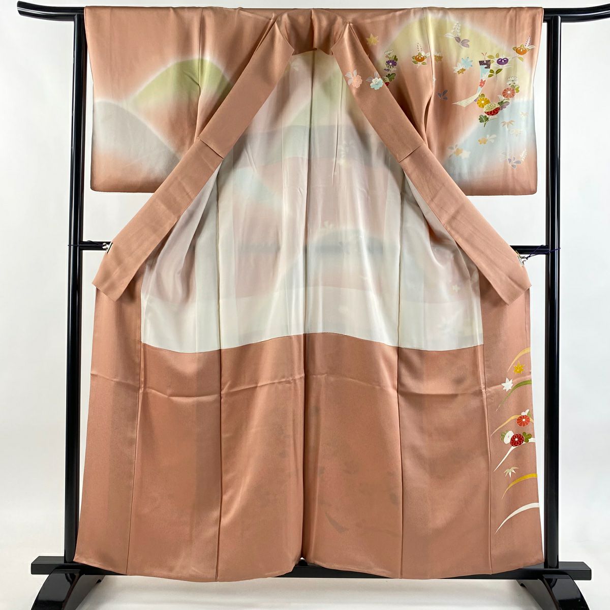 訪問服 身長160cm 袖長63cm S 雙層 短冊 草花紋紋 金絲 金銀彩 粉紅 純蠶絲 秀品級