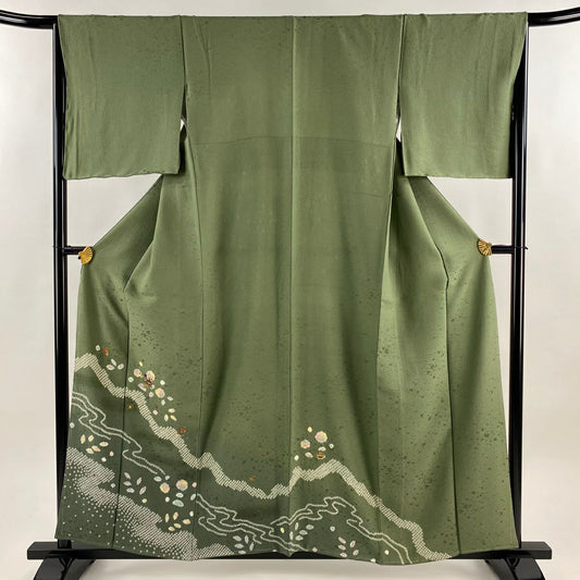 付下 身長158cm 袖長66cm M 雙層 花籠 流水 絞染 金彩裝飾 灰綠 純蠶絲 秀品級