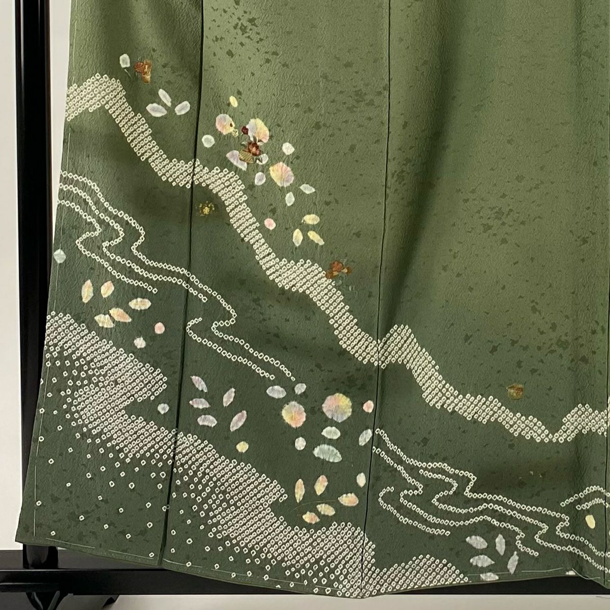付下 身長158cm 袖長66cm M 雙層 花籠 流水 絞染 金彩裝飾 灰綠 純蠶絲 秀品級
