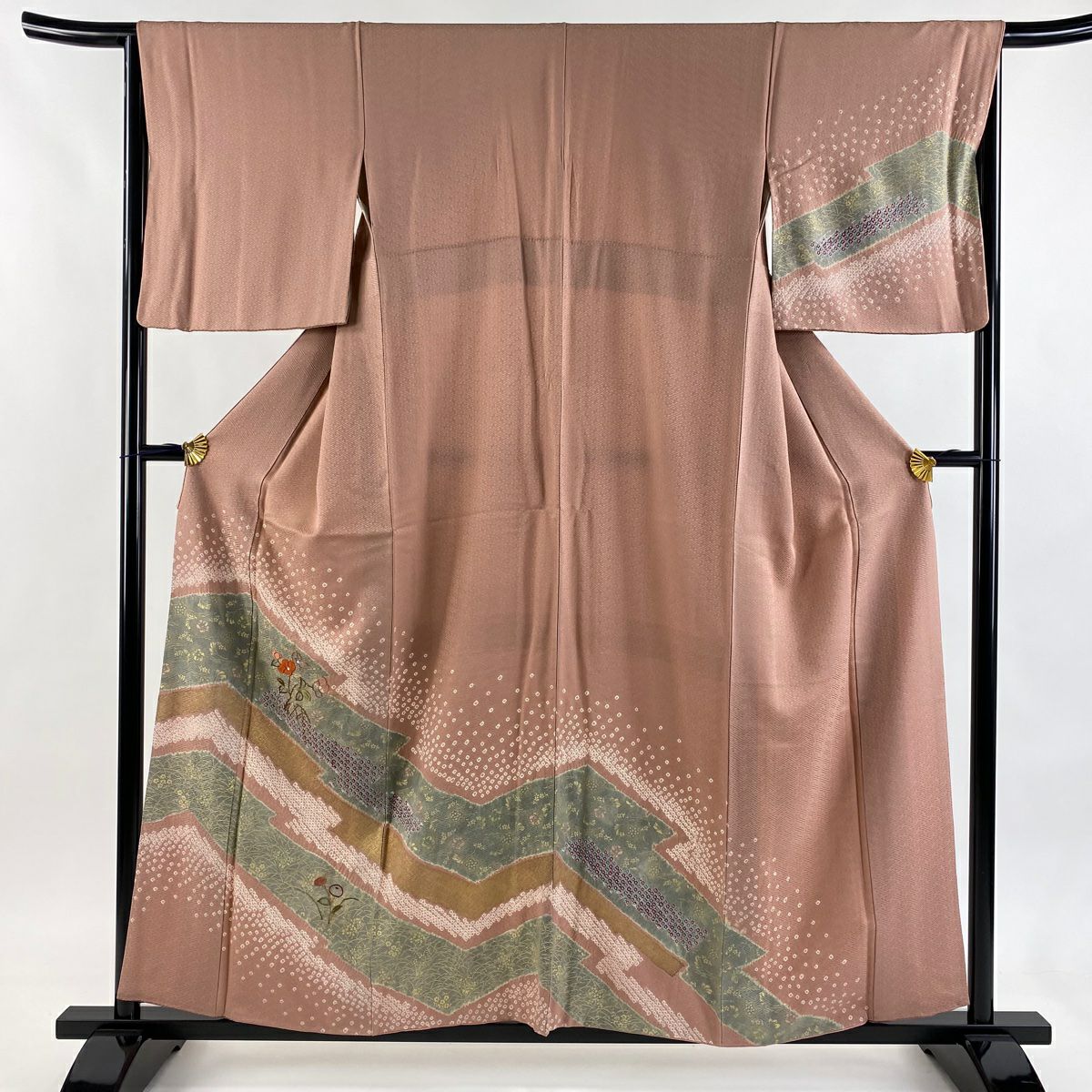 訪問服 身長157.5cm 袖長66cm M 雙層 椿 草花紋紋 刺繡 絞染 灰櫻 純蠶絲 秀品級