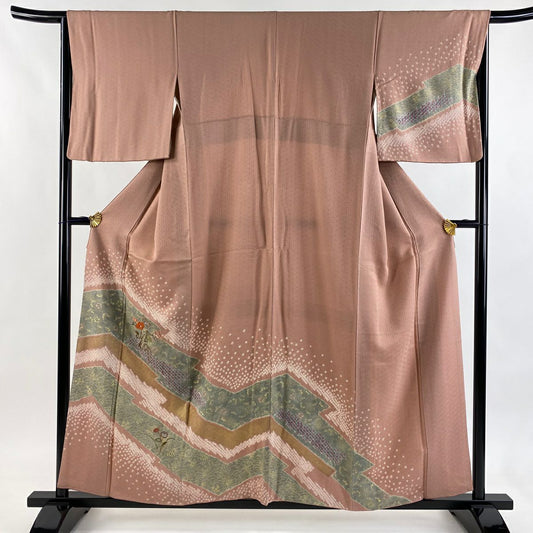 訪問服 身長157.5cm 袖長66cm M 雙層 椿 草花紋紋 刺繡 絞染 灰櫻 純蠶絲 秀品級