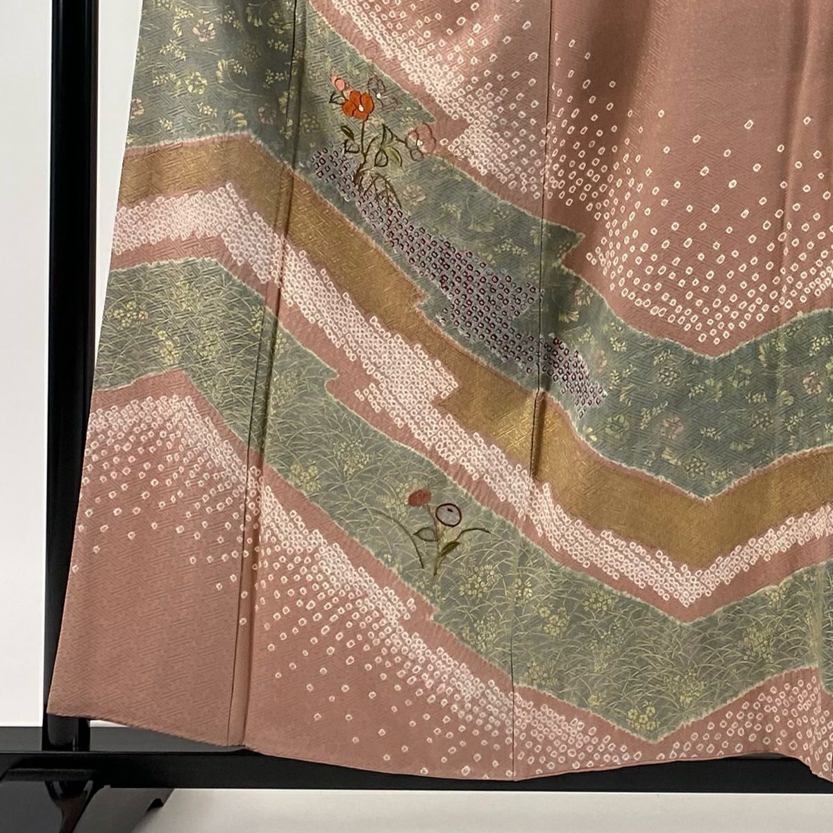 訪問服 身長157.5cm 袖長66cm M 雙層 椿 草花紋紋 刺繡 絞染 灰櫻 純蠶絲 秀品級