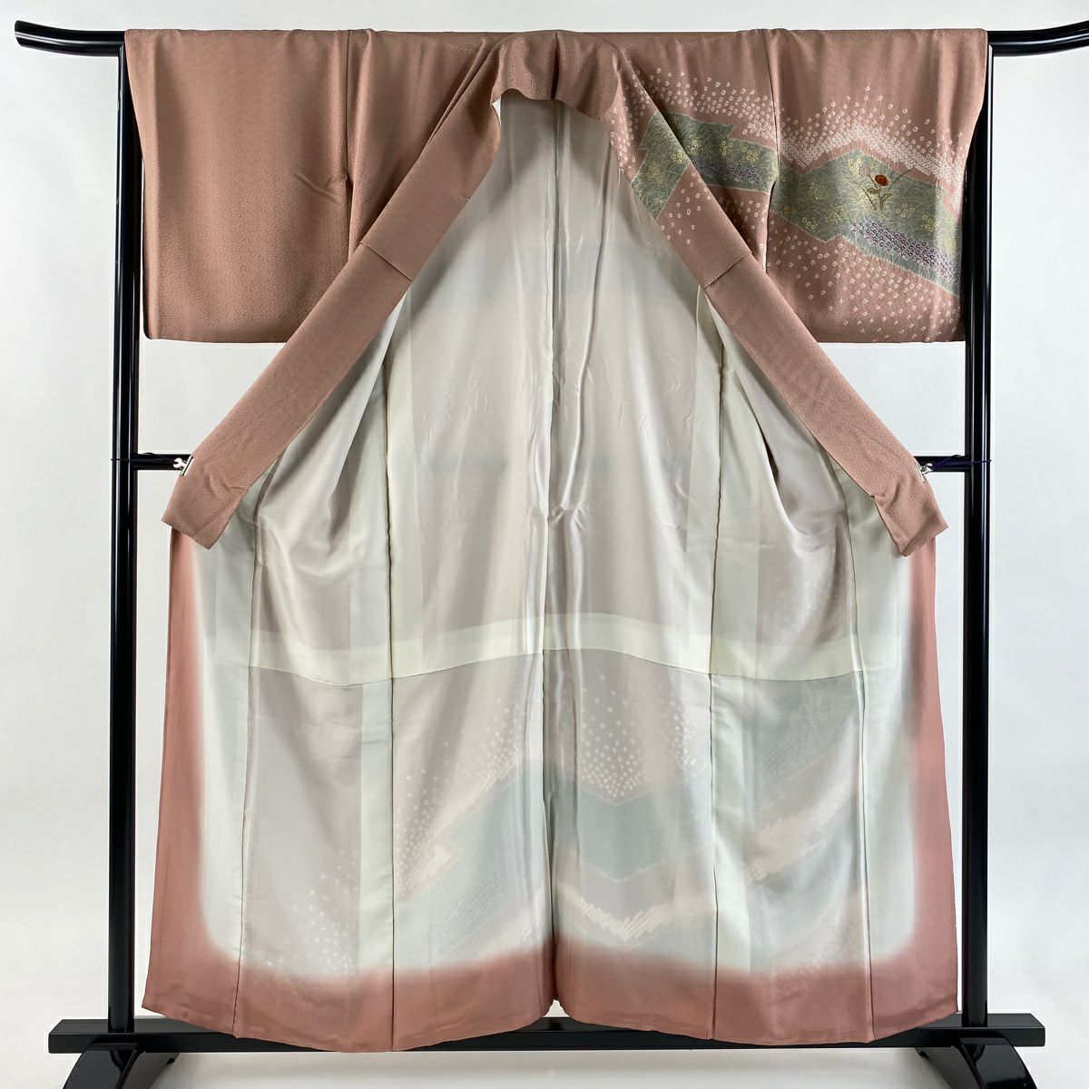 訪問服 身長157.5cm 袖長66cm M 雙層 椿 草花紋紋 刺繡 絞染 灰櫻 純蠶絲 秀品級