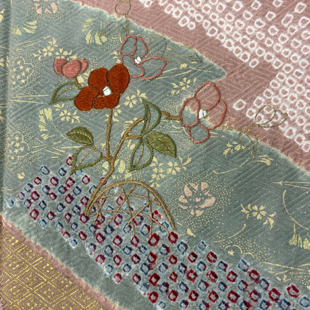 訪問服 身長157.5cm 袖長66cm M 雙層 椿 草花紋紋 刺繡 絞染 灰櫻 純蠶絲 秀品級