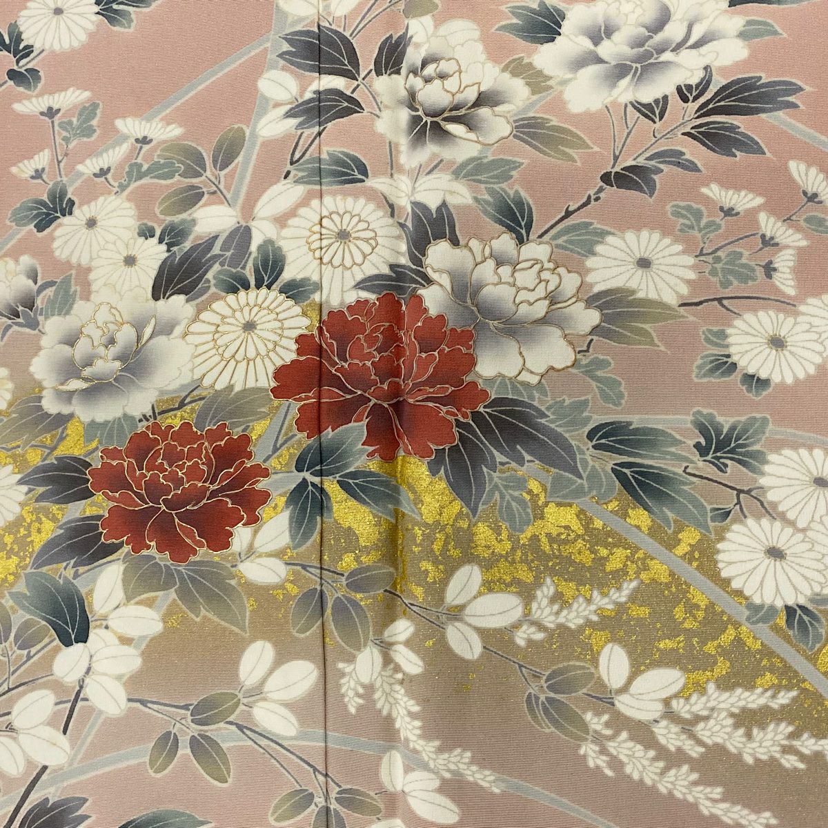 訪問服 身長159.5cm 袖長63.5cm S 雙層 牡丹 菊花 金銀彩 漸層 粉色 純蠶絲 優品級