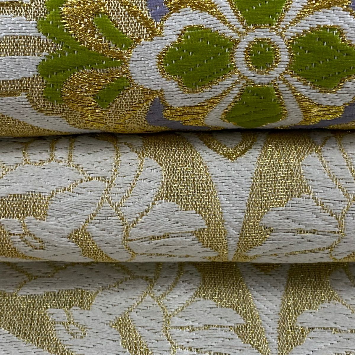袋帶 逸品級 七寶紋 華紋 金絲 白 六通 純蠶絲