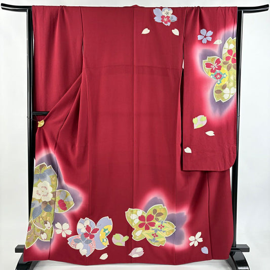 振袖禮服 身長165cm 袖長66cm M 雙層 櫻花 蝴蝶 金彩裝飾 漸層 紅 純蠶絲 名品級