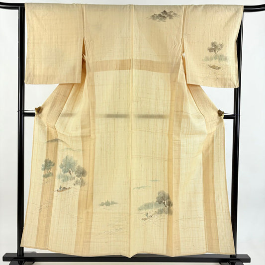 【美品】 付下 身長155.5cm 袖長65cm M 薄物 舟 樹木 米色 純蠶絲 名品級