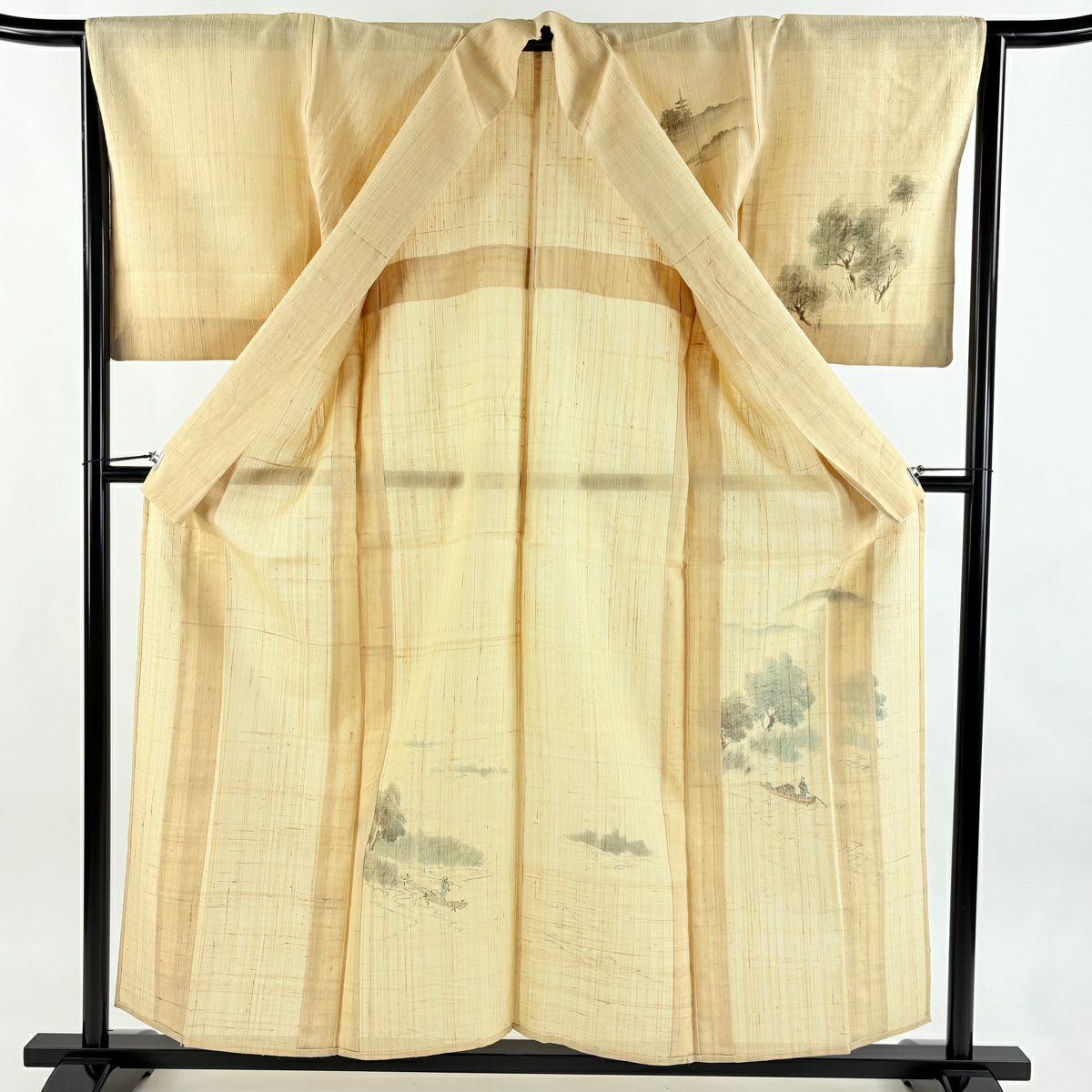 【美品】 付下 身長155.5cm 袖長65cm M 薄物 舟 樹木 米色 純蠶絲 名品級