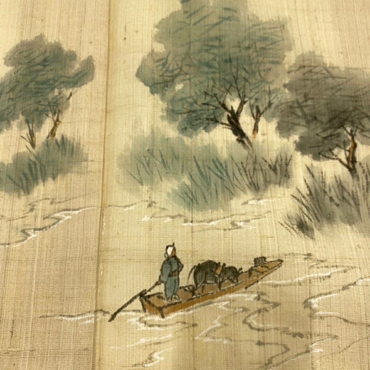 【美品】 付下 身長155.5cm 袖長65cm M 薄物 舟 樹木 米色 純蠶絲 名品級