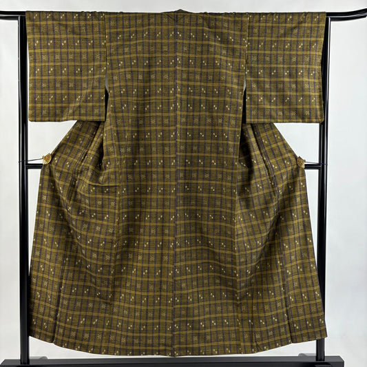 【美品】 紬織 身長153cm 袖長65cm M 雙層 格子 幾何圖案 茶綠 純蠶絲 名品級