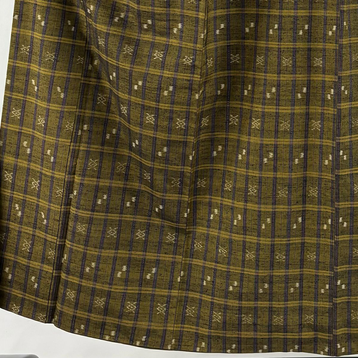 【美品】 紬織 身長153cm 袖長65cm M 雙層 格子 幾何圖案 茶綠 純蠶絲 名品級