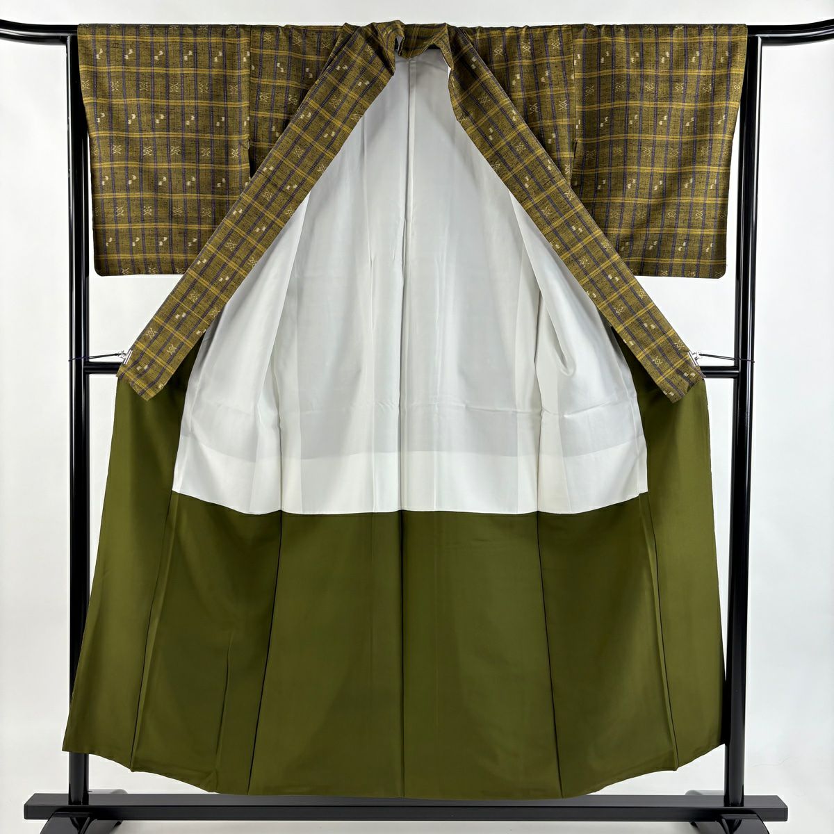 【美品】 紬織 身長153cm 袖長65cm M 雙層 格子 幾何圖案 茶綠 純蠶絲 名品級