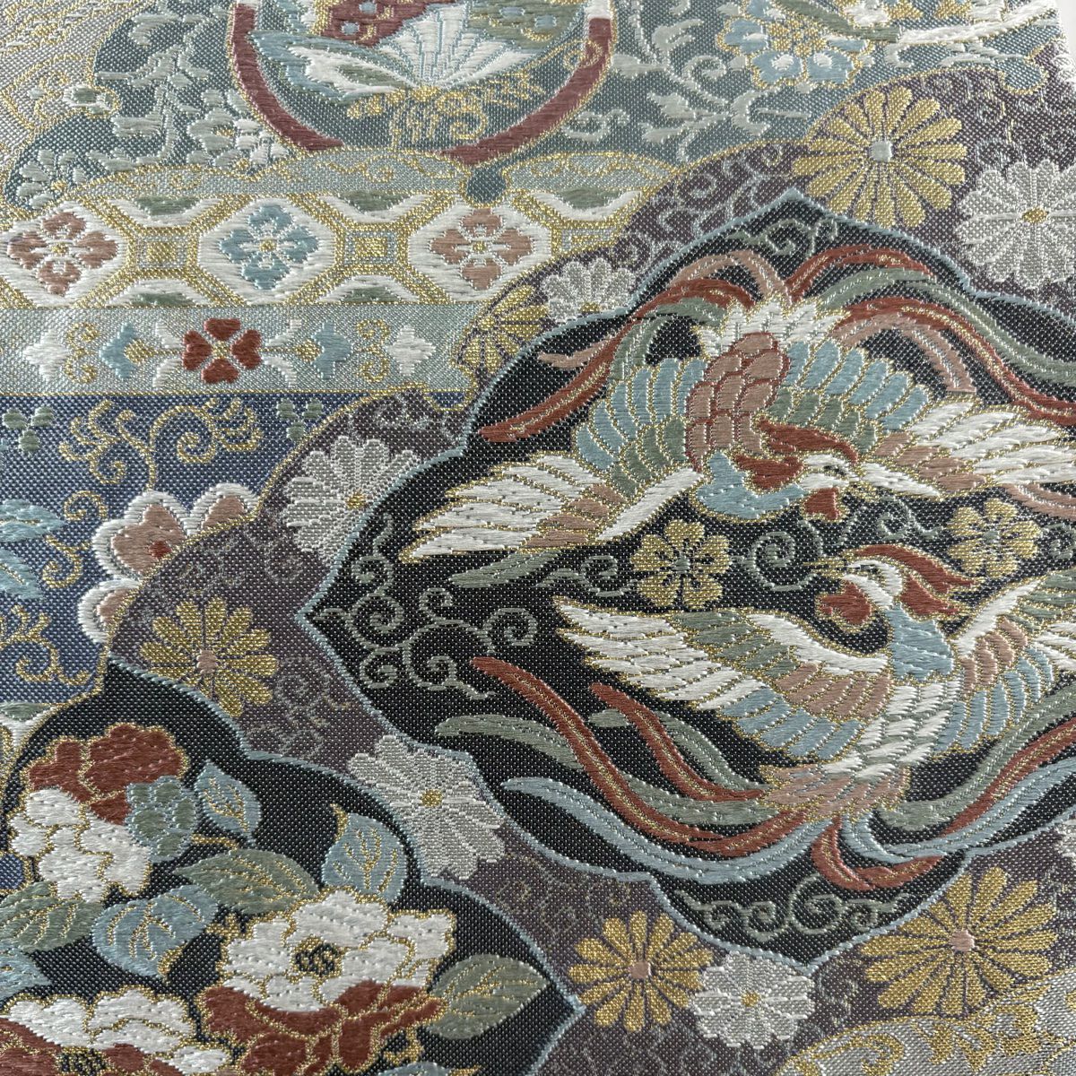 【美品】 袋帶 秀品級 草花紋 向鳥 金絲 金金箔 青灰 六通 純蠶絲