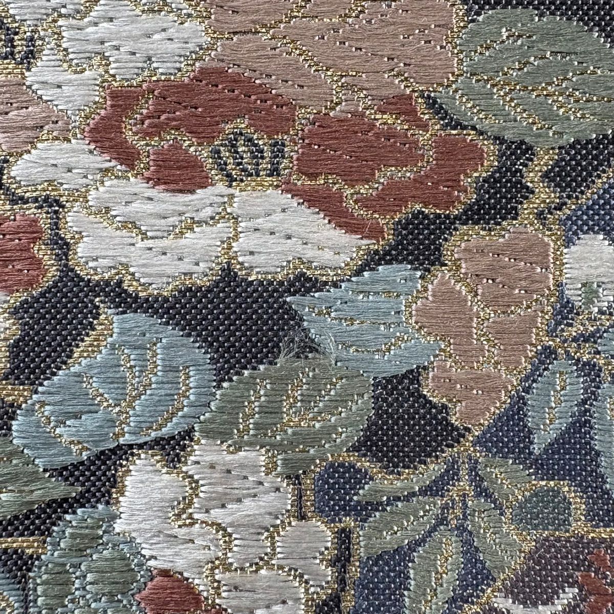 【美品】 袋帶 秀品級 草花紋 向鳥 金絲 金金箔 青灰 六通 純蠶絲