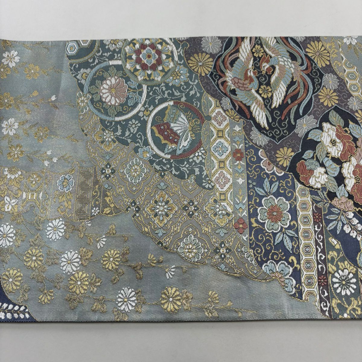 【美品】 袋帶 秀品級 草花紋 向鳥 金絲 金金箔 青灰 六通 純蠶絲